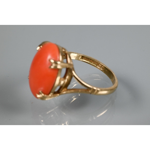 271 - A 9ct yellow gold oval coral ring, size M; a graduated row of cultured pearls knotted throughout ont... 