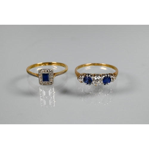 274 - Two sapphire and diamond set rings, one graduated with three diamonds and two blue sapphires, size Q... 