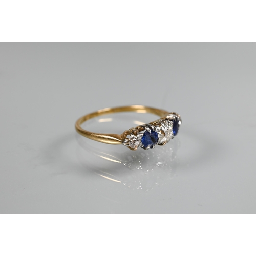 274 - Two sapphire and diamond set rings, one graduated with three diamonds and two blue sapphires, size Q... 