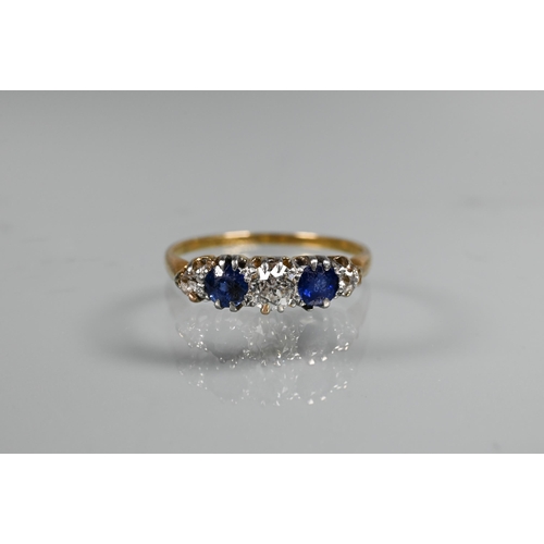 274 - Two sapphire and diamond set rings, one graduated with three diamonds and two blue sapphires, size Q... 