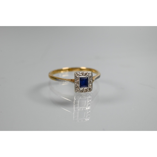 274 - Two sapphire and diamond set rings, one graduated with three diamonds and two blue sapphires, size Q... 