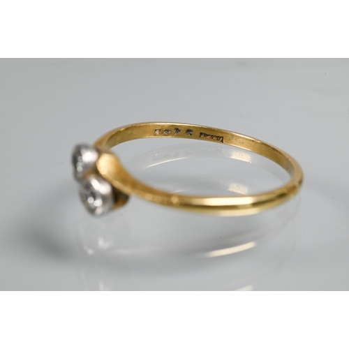 279 - Two 18ct yellow gold diamond crossover rings each set with two diamonds, one size T 1/2, one J 1/2 (... 