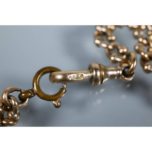 322 - A yellow gold fancy linked watch chain with swivel and associated bolt ring attached, stamped 10c, a... 