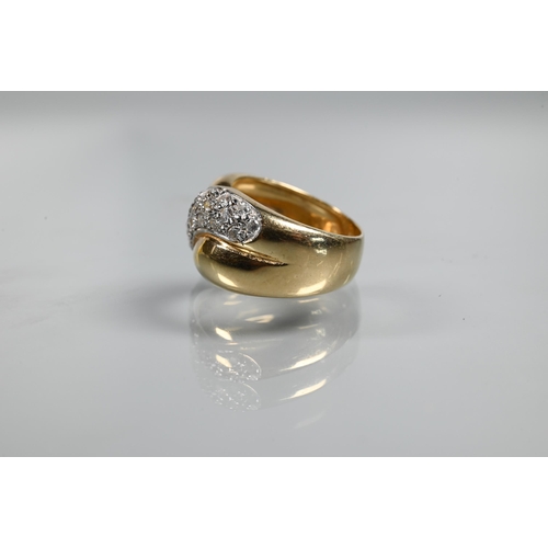 326 - A Continental modern scroll ring set cubic zirconia, yellow metal stamped 585, size O, approx 7.3g