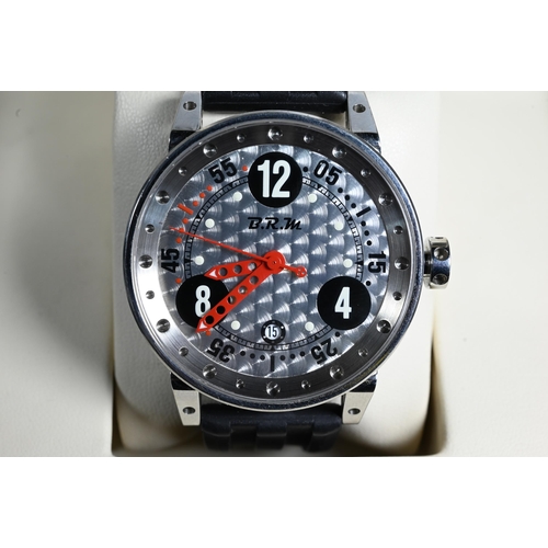 401 - A French BRM automatic wristwatch, 44 mm dia. case, red hands, stainless dial, with original strap, ... 