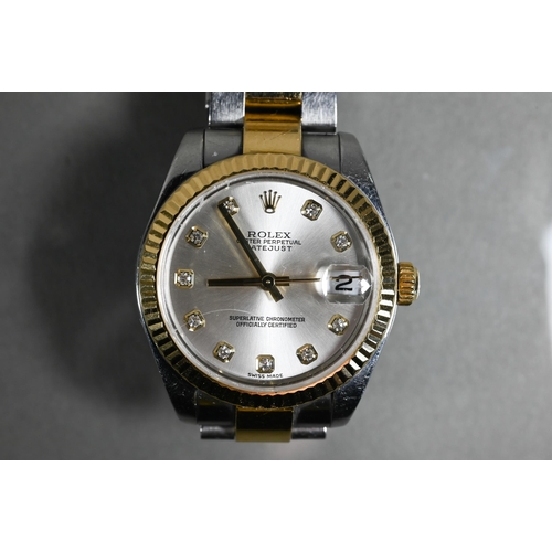 402 - A ladies Rolex Oyster perpetual datejust wristwatch, stainless steel with bi-colour bracelet, the ch... 