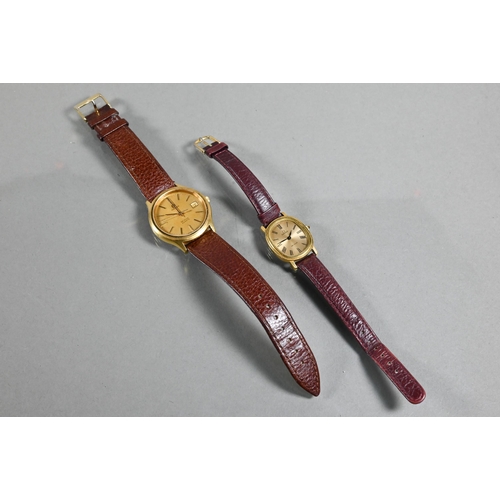 406 - An Omega De Ville (quartz) gents wristwatch, the gilt dial with date aperture within 3 mm dai. case ... 