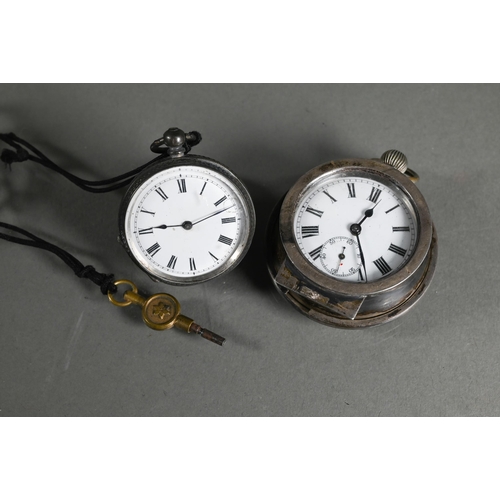 411 - A small steel cased fob watch, the white enamelled dial with roman numerals with subsidiary seconds,... 