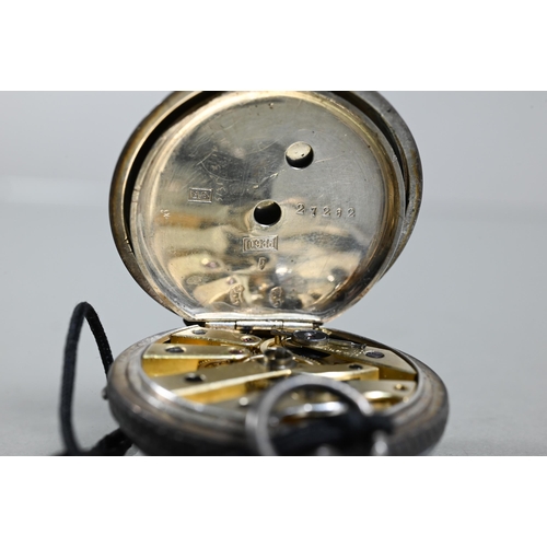 411 - A small steel cased fob watch, the white enamelled dial with roman numerals with subsidiary seconds,... 