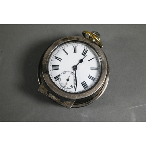 411 - A small steel cased fob watch, the white enamelled dial with roman numerals with subsidiary seconds,... 