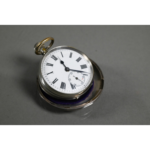 411 - A small steel cased fob watch, the white enamelled dial with roman numerals with subsidiary seconds,... 