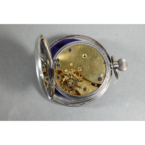 411 - A small steel cased fob watch, the white enamelled dial with roman numerals with subsidiary seconds,... 