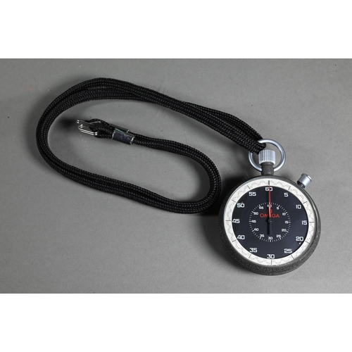 412 - A contemporary Omega stopwatch, 63 mm dia, on braided cord neck strap