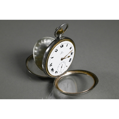 418 - A silver cased Omega pocket watch, 50 mm dia. approx. 3 toz all-in