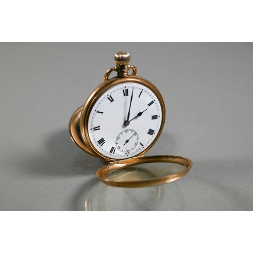 421 - A 9ct gold cased pocket watch, Swiss made, sixteen jewel movement, the white enamelled dial with rom... 