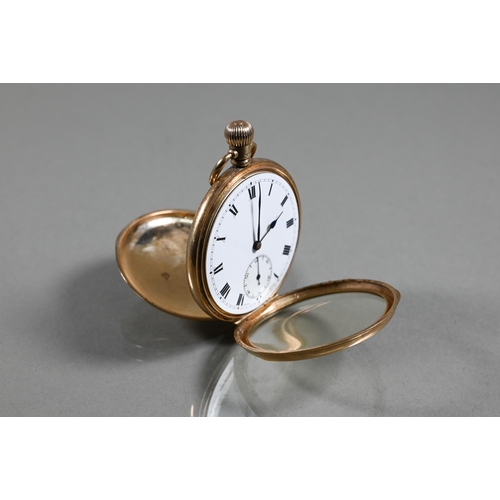 421 - A 9ct gold cased pocket watch, Swiss made, sixteen jewel movement, the white enamelled dial with rom... 