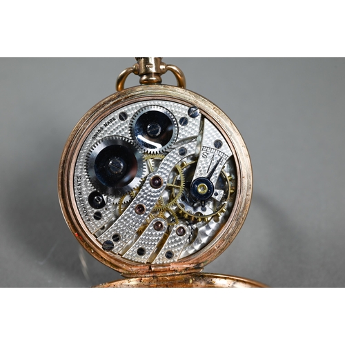 421 - A 9ct gold cased pocket watch, Swiss made, sixteen jewel movement, the white enamelled dial with rom... 