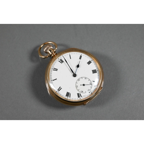 421 - A 9ct gold cased pocket watch, Swiss made, sixteen jewel movement, the white enamelled dial with rom... 