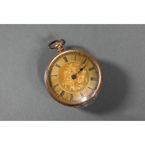 424 - An antique 14ct gold cased fob watch, chased engraving overall with gilt dial and key wind movement,... 