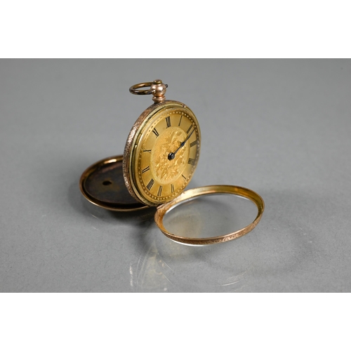 424 - An antique 14ct gold cased fob watch, chased engraving overall with gilt dial and key wind movement,... 