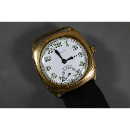 425 - A vintage gold plated Longines wristwatch, the white enamelled dial with fluorescent Arabic numerals... 