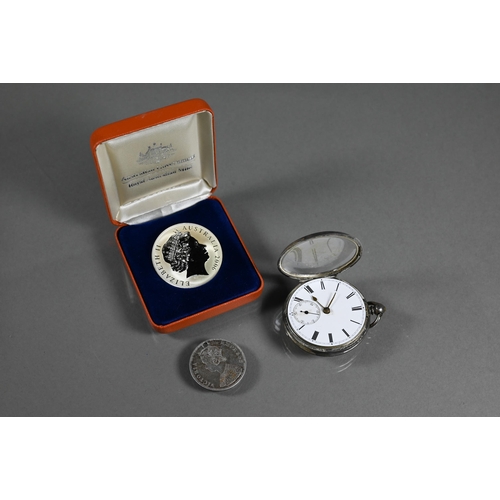 427 - An antique silver pocket watch by John Aitken, a/f and to/with an Australian Govt. 2006 One Dollar s... 