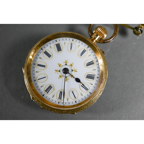 428 - An 18ct gold fob watch, the white ceramic dial with Roman numerals, 35 mm dia., to/with a silver gil... 