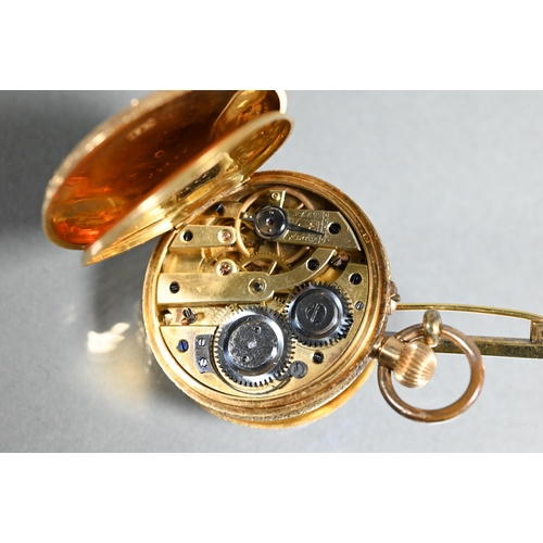 428 - An 18ct gold fob watch, the white ceramic dial with Roman numerals, 35 mm dia., to/with a silver gil... 