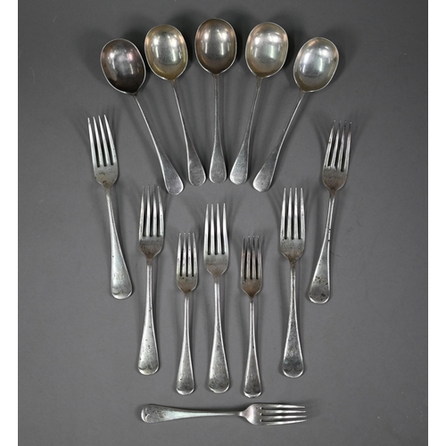 44 - Five old English pattern soup spoons, to/w five matched table forks and three matching dessert forks... 