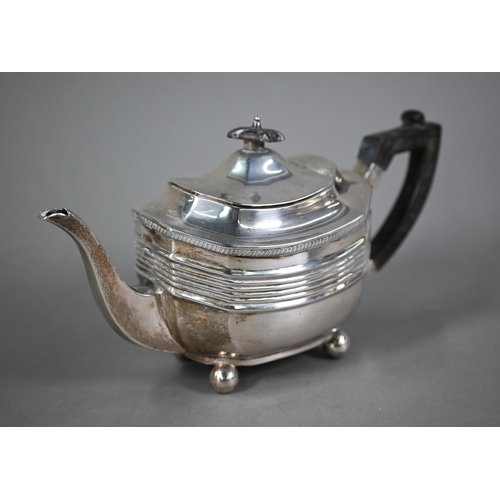 56 - A late Victorian heavy quality silver three-piece tea service in the Regency manner, with gadrooned ... 