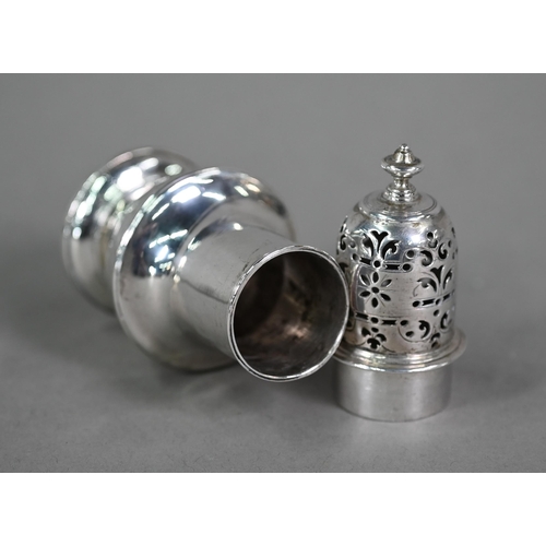 60 - A Georgian silver pounce-pot of baluster form, Samuel Welder (1730-36 no date or assay marks), 12cm ... 