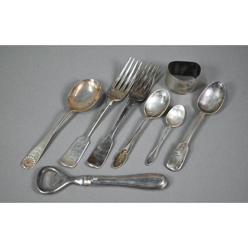 65 - Six various small silver spoons and forks, to/w a napkin ring and an ep bottle-opener; 6.5oz of weig... 