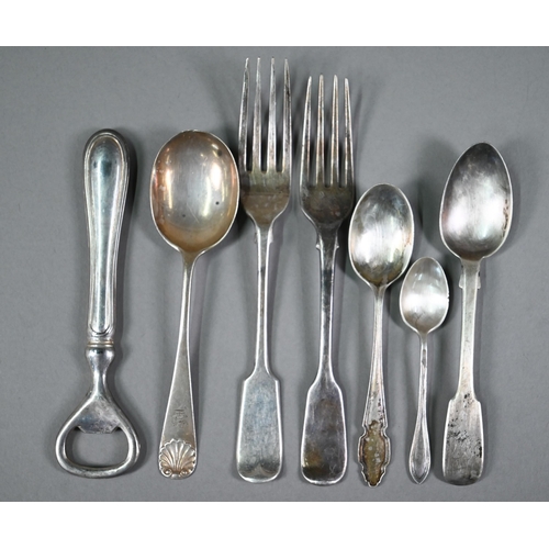 65 - Six various small silver spoons and forks, to/w a napkin ring and an ep bottle-opener; 6.5oz of weig... 