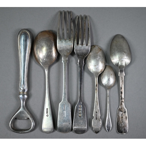 65 - Six various small silver spoons and forks, to/w a napkin ring and an ep bottle-opener; 6.5oz of weig... 