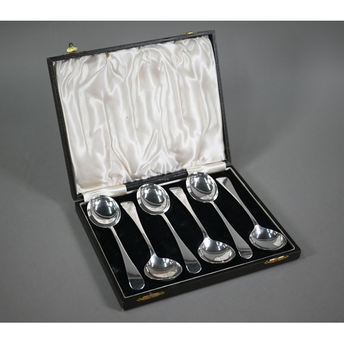 74 - A cased set of six heavy quality old English pattern silver soup spoons, Barker Brothers Silver Ltd,... 