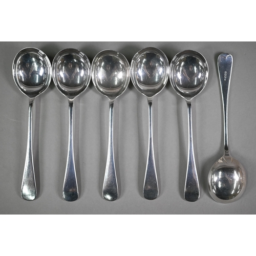 74 - A cased set of six heavy quality old English pattern silver soup spoons, Barker Brothers Silver Ltd,... 