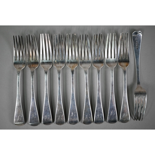 80 - A set of ten George IV silver old English pattern table forks, Jonathan Hayne, London 1825, to/w a p... 