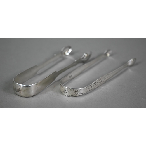 85 - Hester Bateman: a pair of bright-cut sugar tongs, assay and maker's marks only, to/w a pair of Georg... 