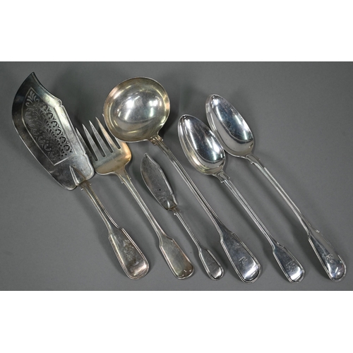 92 - A matched set of Victorian silver fiddle and thread serving flatware, including soup spoon, basting ... 