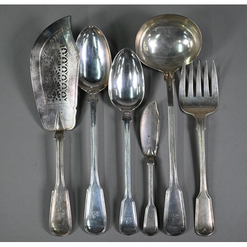 92 - A matched set of Victorian silver fiddle and thread serving flatware, including soup spoon, basting ... 