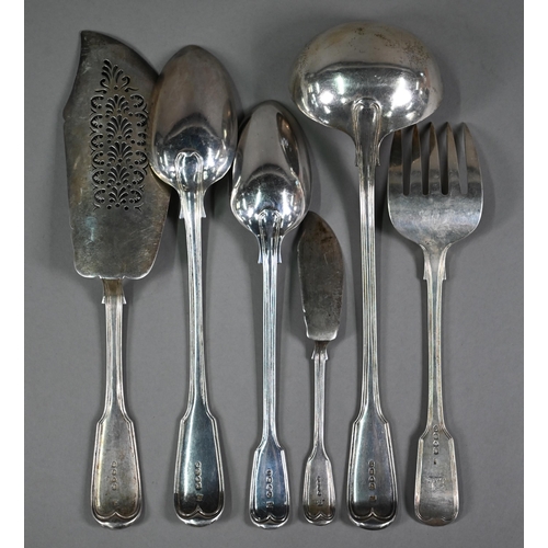 92 - A matched set of Victorian silver fiddle and thread serving flatware, including soup spoon, basting ... 