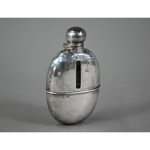 97 - Late Victorian silver-clad oval glass hip-flask with hinged bayonet bun cover and detachable beaker,... 