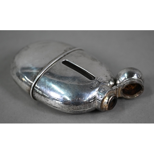 97 - Late Victorian silver-clad oval glass hip-flask with hinged bayonet bun cover and detachable beaker,... 