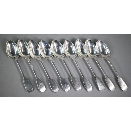 98 - A set of six Victorian fiddle pattern silver dessert spoons, Robert Wallis, London 1846, to/w three ... 