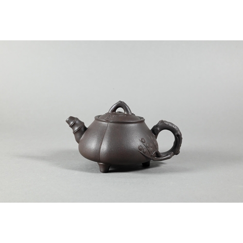 462 - A Chinese dark brown Yixing teapot and cover (possibly Zini clay) shi piao tripod form with naturali... 