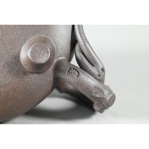 462 - A Chinese dark brown Yixing teapot and cover (possibly Zini clay) shi piao tripod form with naturali... 