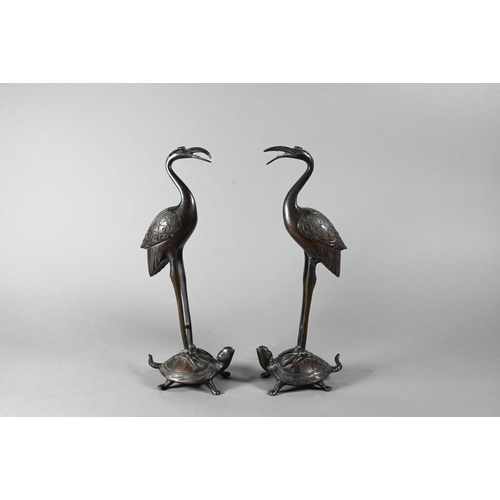 476 - A pair of early 20th century Japanese bronze crane and turtle (tsuru-kame) okimono, Meiji or Taisho ... 