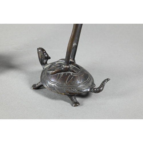 476 - A pair of early 20th century Japanese bronze crane and turtle (tsuru-kame) okimono, Meiji or Taisho ... 