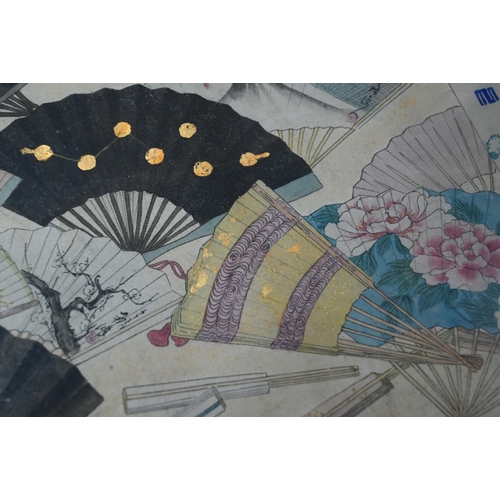 485 - A 19th century Japanese painting of scattered folding fans (sensu) ink and colour on canvas with ves... 