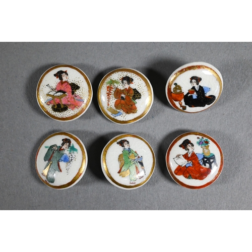 517 - Six early 20th century Japanese ceramic buttons gilded and painted in polychrome enamels with Geisha... 